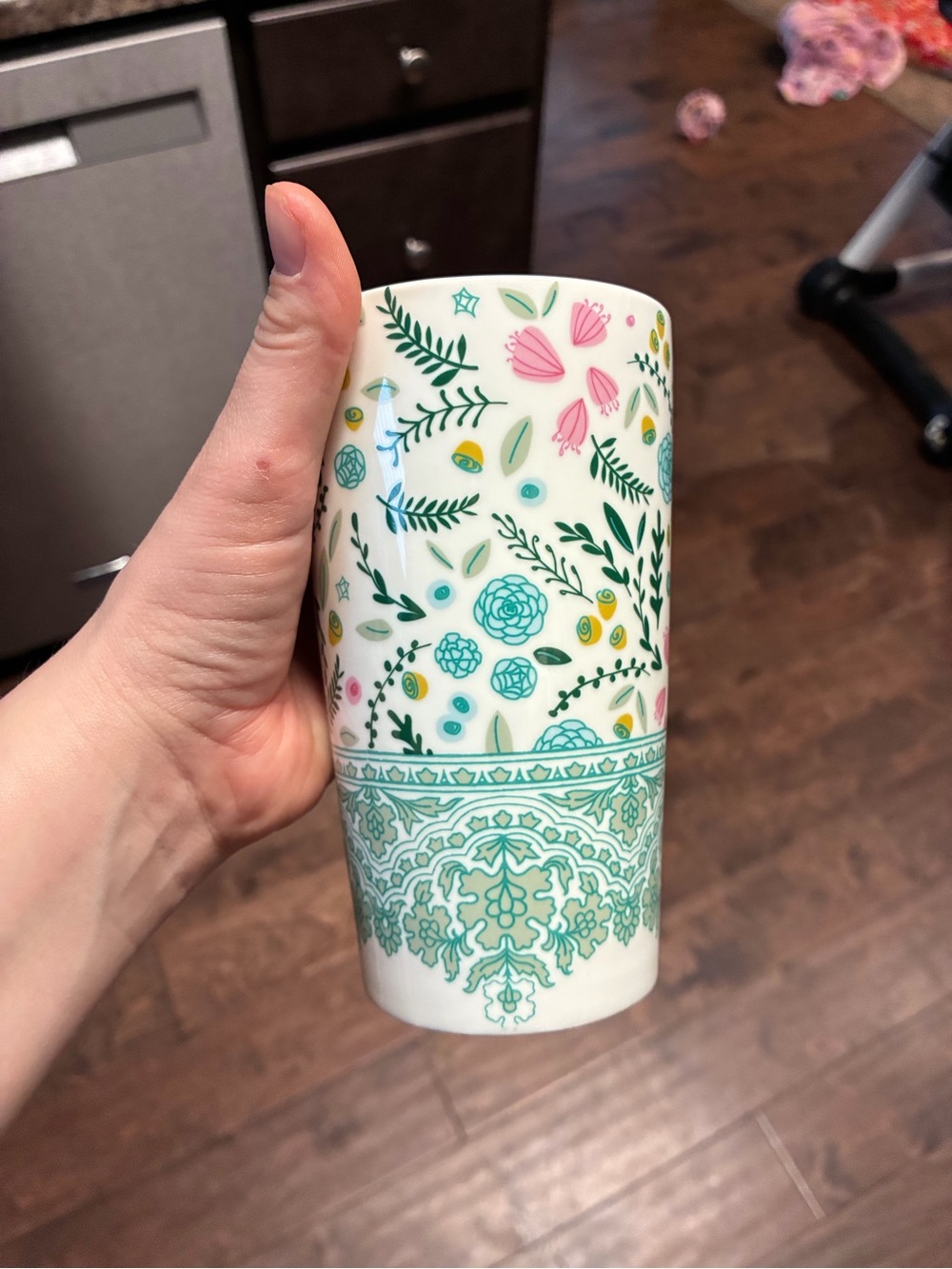 Source Unknown White Ceramic Tumbler with Green, Pink and Yellow Floral Motif